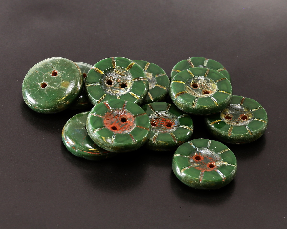 Czech Glass Spruce Picasso 2-Hole Button 14mm