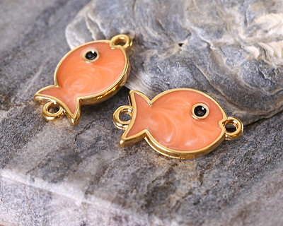 24K Gold (plated) Peach Pearl Enamel Fish Focal Link 19x11mm
