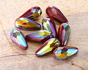 Czech Glass Cranberry AB w/ Copper Faceted Melon Teardrop 23x11mm