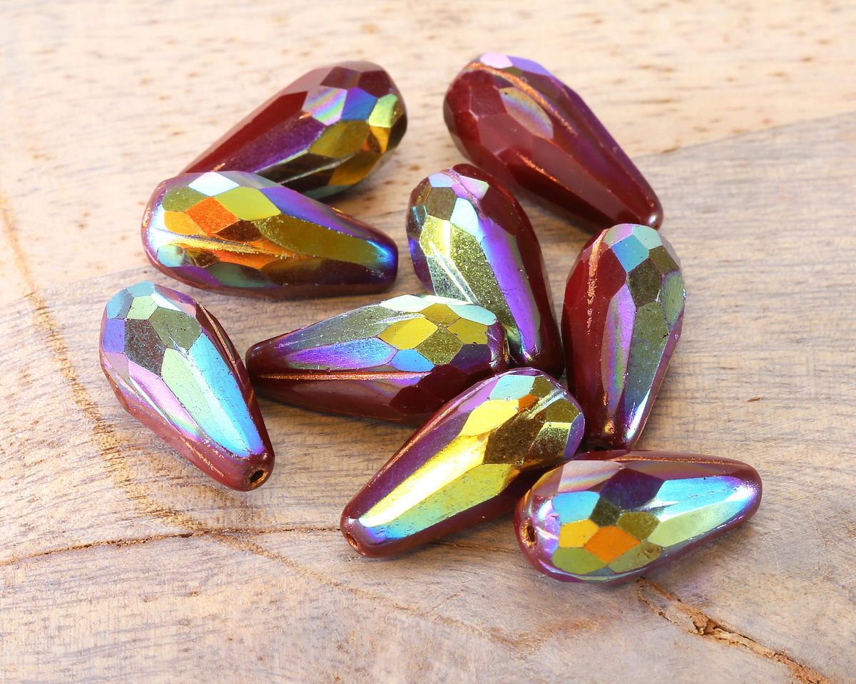 Czech Glass Cranberry AB w/ Copper Faceted Melon Teardrop 23x11mm