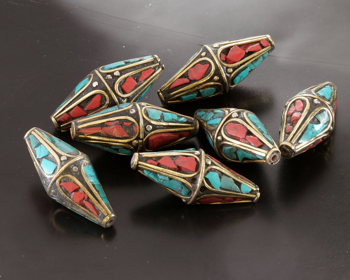Nepalese Brass Rice Bead w/ Coral & Turquoise Mosaic Petals 35-38x14-15mm