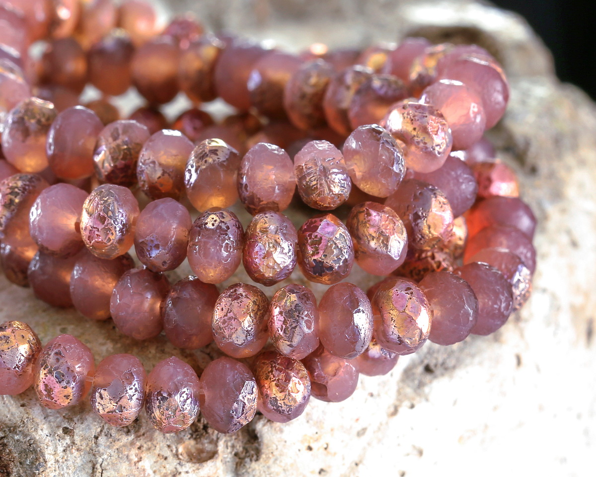 Czech Glass Matte Textured Pink Opal w/ Metallic Rainbow Fire Polished Rondelle 3x5mm