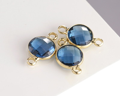 Midnight Blue Crystal Round Link in Gold Finish Bezel 14.5x8.5mm