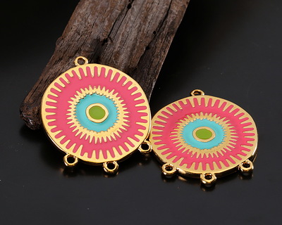 24K Gold (plated) Pink, Turquoise & Lime Enamel Radiating Sun 1-3 Chandelier Focal Link 26x32mm