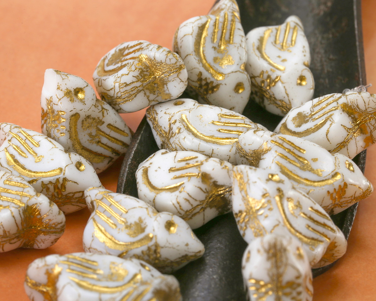 Czech Glass White w/ Gold Wash Bird 11x22mm