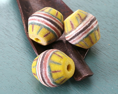 African Glass (Krobo) Yellow w/ Stripes King Bead Bicone 20x22mm