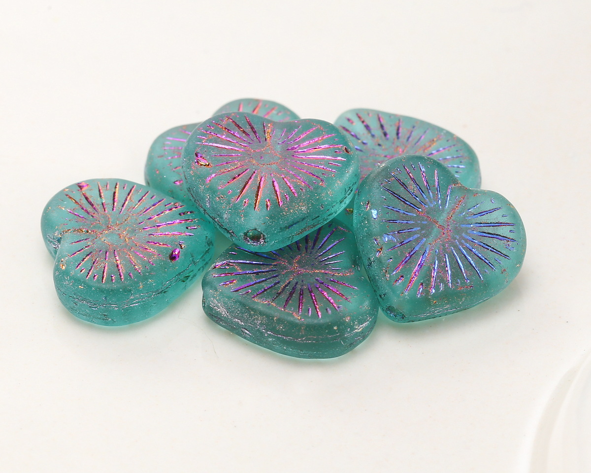 Czech Glass Matte Island Blue w/ Volcano Wash Starburst Heart 13x14mm