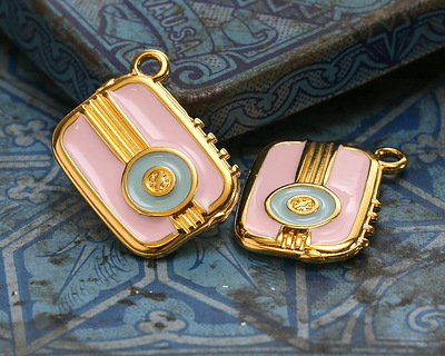 24K Gold (plated) Rose Pink & Blue Enamel Vintage Transistor Radio Focal 20mm