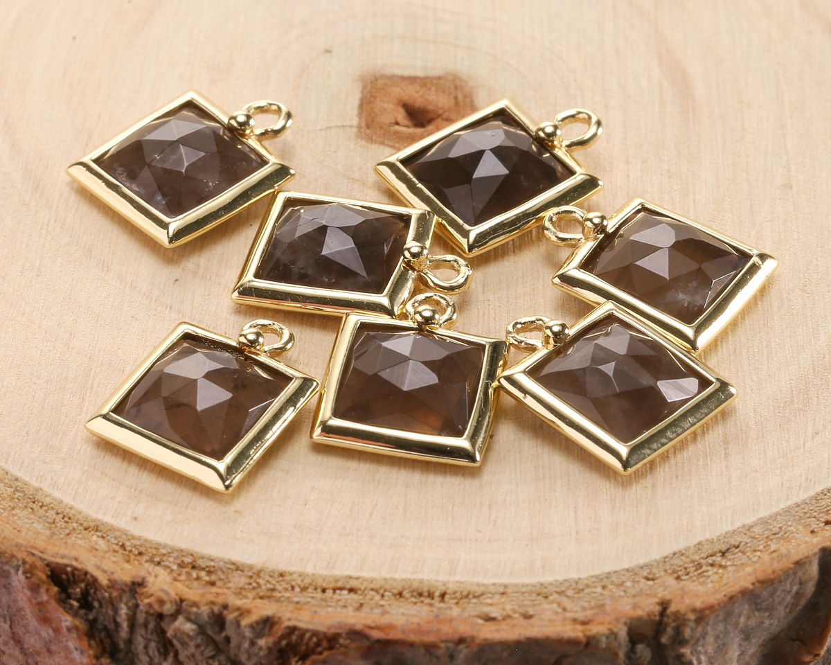 Smoky Quartz w/ Gold Finish Faceted Square Focal 10x13mm