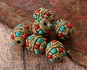 Nepalese Coral & Turquoise Dots w/ Half Circle & Dot Band Barrel 17-18x15mm