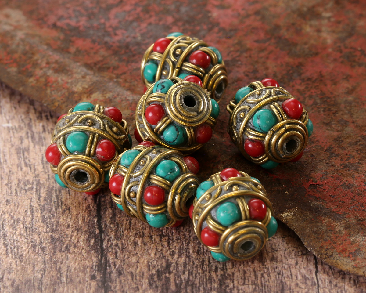 Nepalese Coral & Turquoise Dots w/ Half Circle & Dot Band Barrel 17-18x15mm