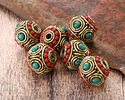 Nepalese Brass w/ Turquoise Dots in Double Circles & Small Coral Dots Barrel Bead 15-16x17mm