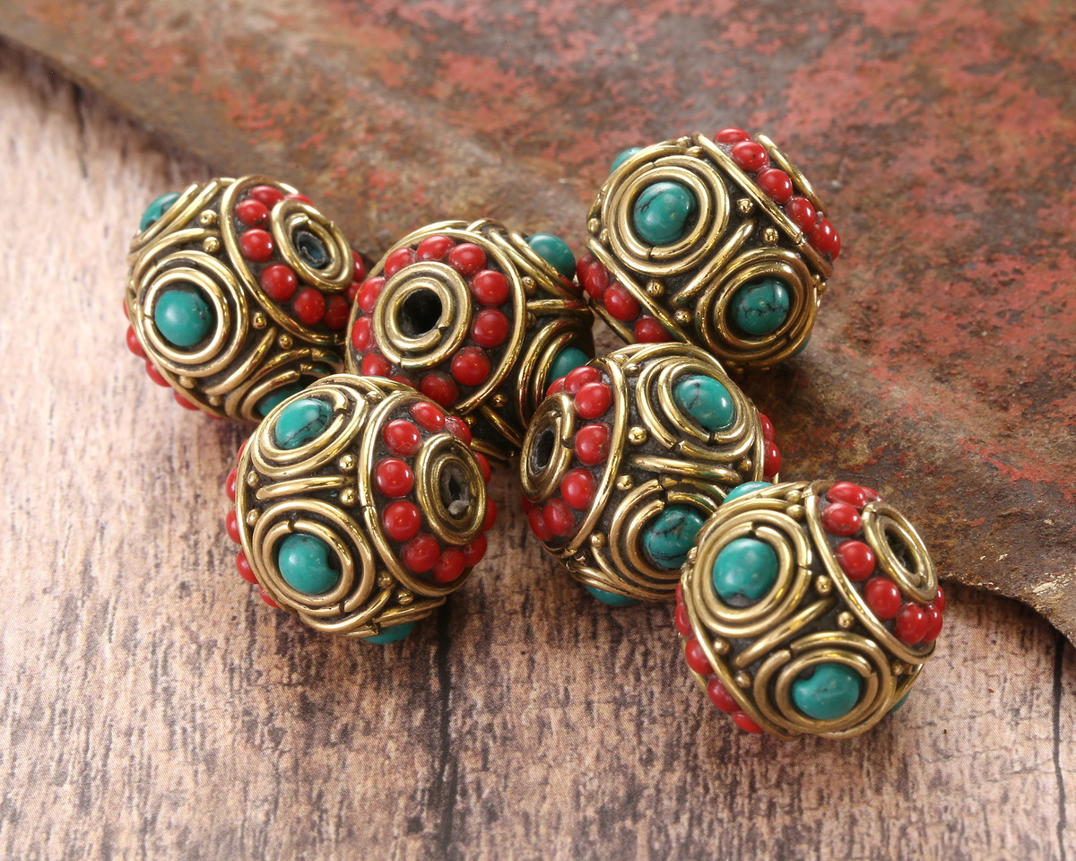 Nepalese Brass w/ Turquoise Dots in Double Circles & Small Coral Dots Barrel Bead 15-16x17mm