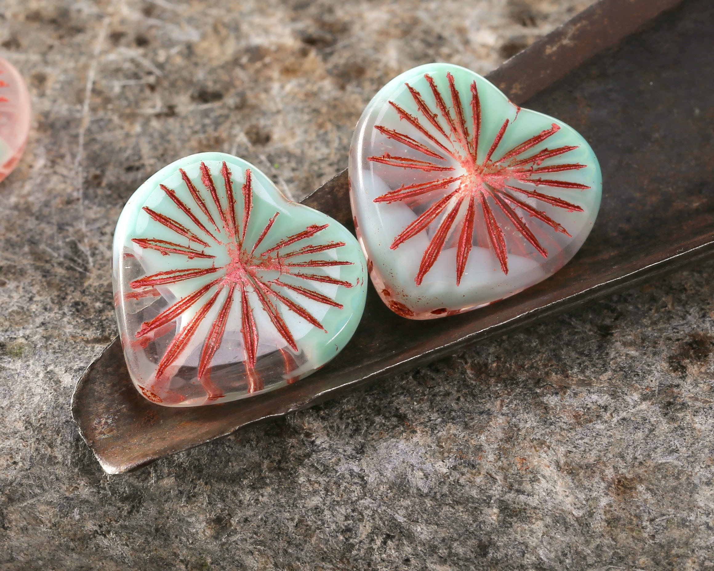 Czech Glass Sweet Mint Swirl w/ Copper Starburst Heart 18mm