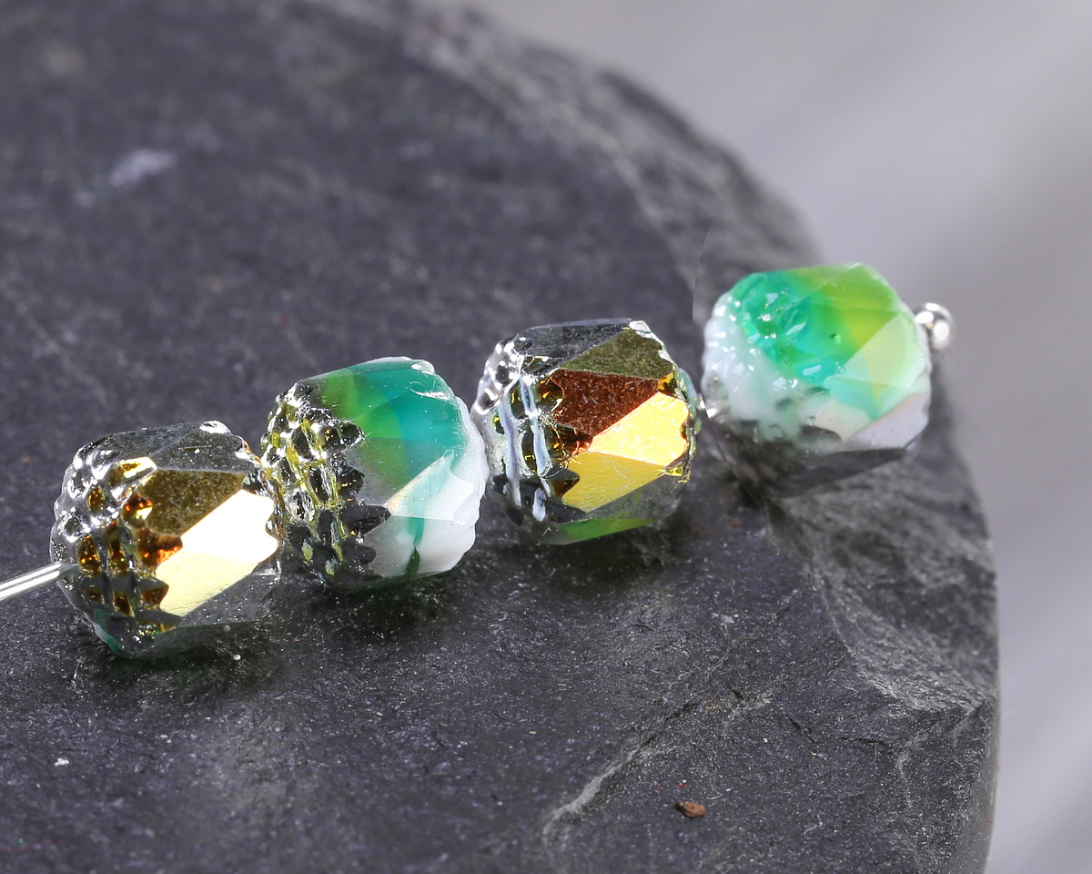 Czech Glass Fresh Mint w/ Rainbow Metallic Lantern 8mm