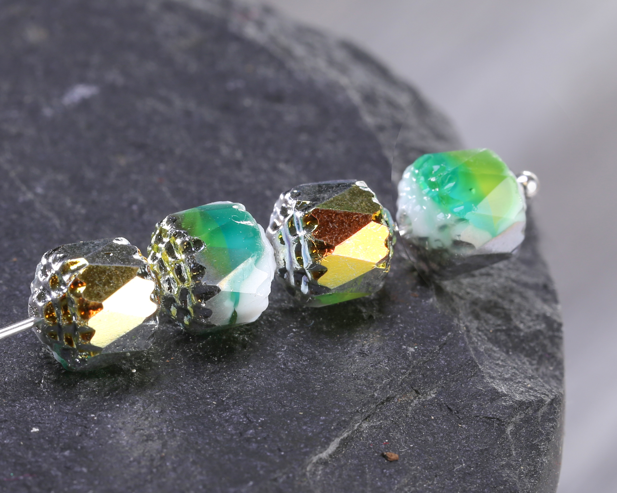 Czech Glass Fresh Mint w/ Rainbow Metallic Lantern 8mm