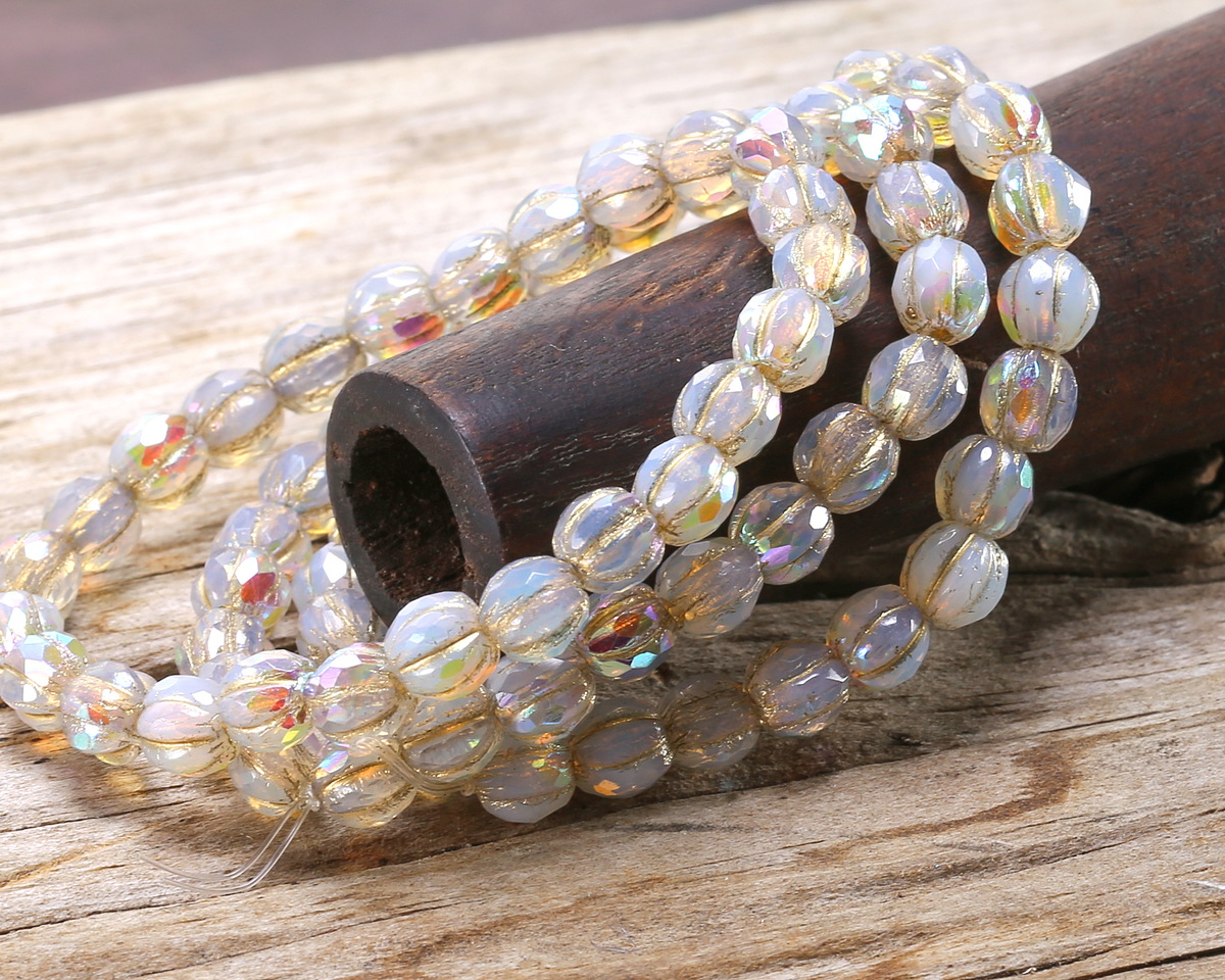 Czech Glass White Opal AB w/ Gold Faceted Melon 6mm