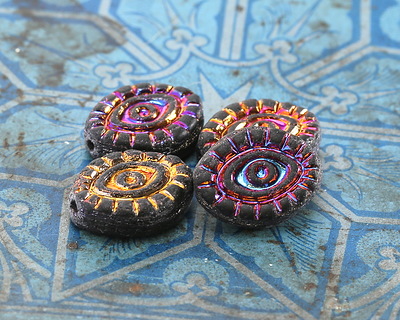 Czech Glass Matte Jet w/ Metallic Rainbow Mystic Eye 14x11mm