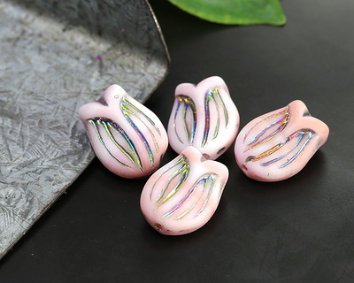Czech Glass Matte Peppermint Twist w/ Metallic Rainbow Tulip 16x12mm