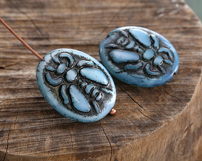 Czech Glass Blue Opal w/ Jet Bee Oval 22x18mm