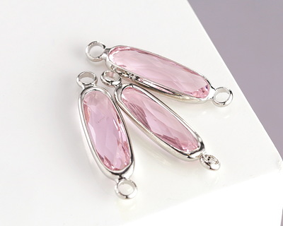 Rose Pink Crystal Elongated Oval Link in Silver Finish Bezel 22x6mm