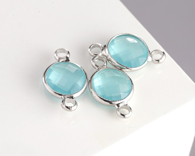 Sea Blue Opal Crystal Round Link in Silver Finish Bezel 14.5x8.5mm