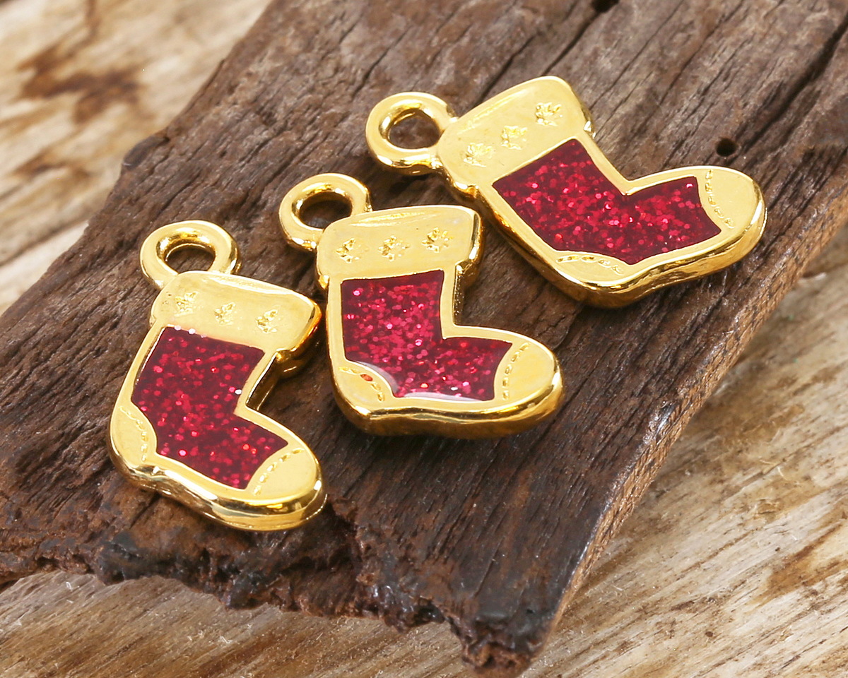 24K Gold (plated) Enamel Christmas Stocking Focal 9x17mm