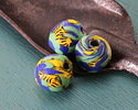 African Recycled Glass Multi Seed Bead Opaque Green w/ Cobalt and Yellow Round 13-14mm