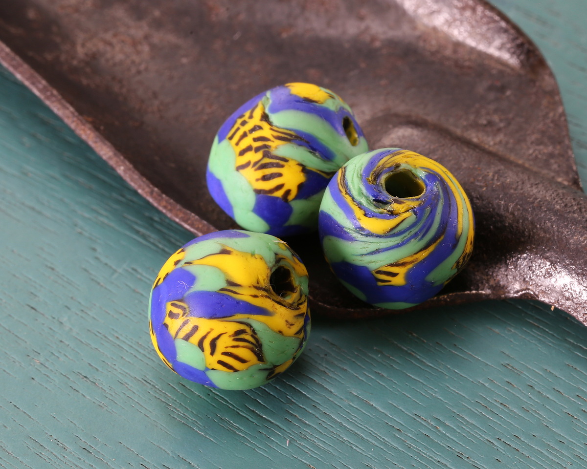 African Recycled Glass Multi Seed Bead Opaque Green w/ Cobalt and Yellow Round 13-14mm