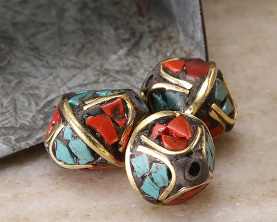 Nepalese Brass Arches w/ Turquoise & Coral Mosaic Bicone 13x12mm