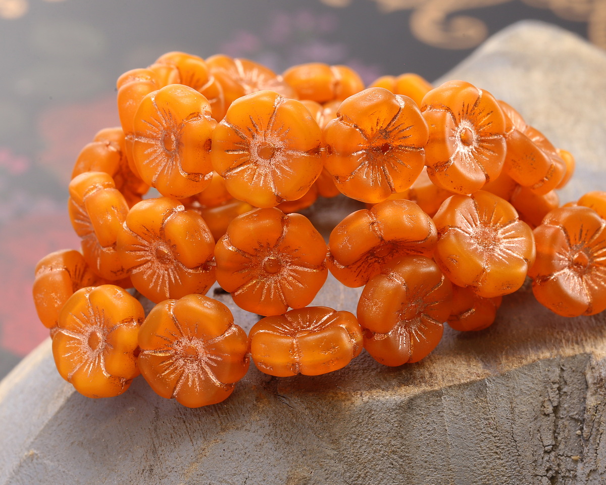 Czech Glass Tangerine Opal w/ Copper Hibiscus Coin 12mm