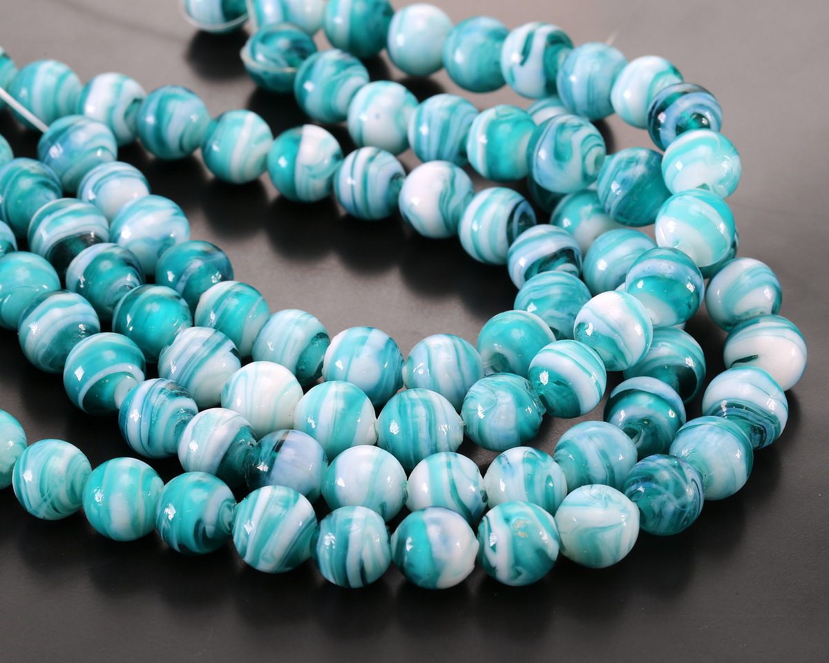Teal & White Swirl Lampwork Glass Round 10mm