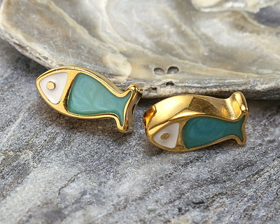 24K Gold (plated) White & Turquoise Pearl Enamel Fish Bead 15x7mm