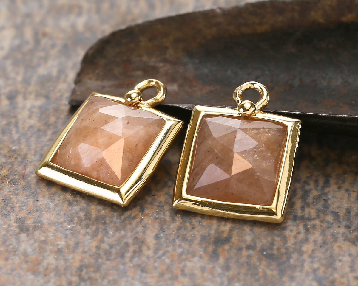 Peach Moonstone w/ Gold Finish Faceted Square Focal 10x13mm