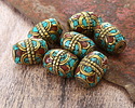 Nepalese Brass Coral & Turquoise Mosaic w/ Dotted Brass Band Barrel 20-21x15mm