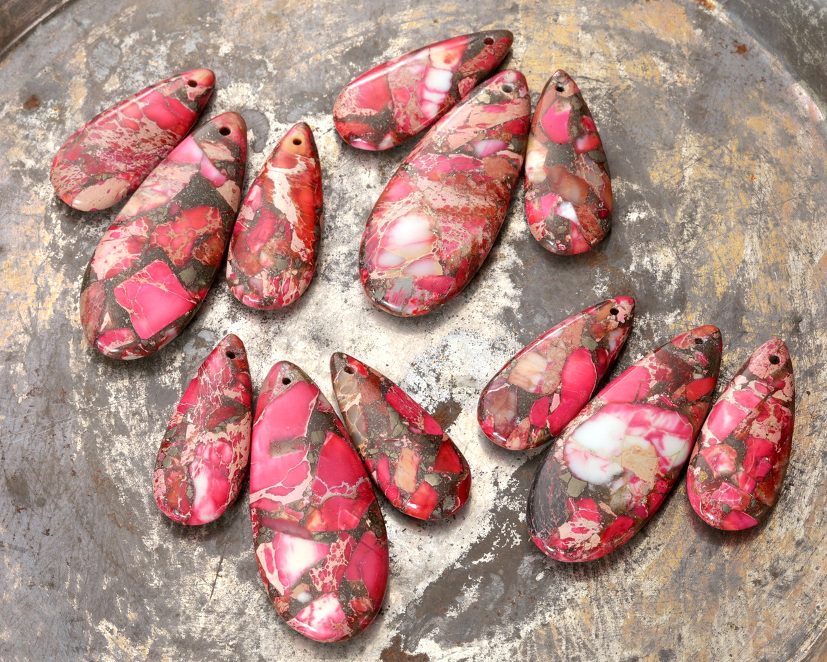 Ruby Impression Jasper & Pyrite Mosaic Teardrop Pendant Set 20x50mm, 15x35mm