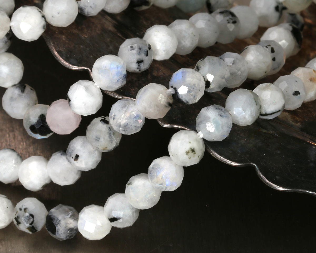 Moonstone (rainbow) w/ Black Tourmaline Faceted Round 5mm