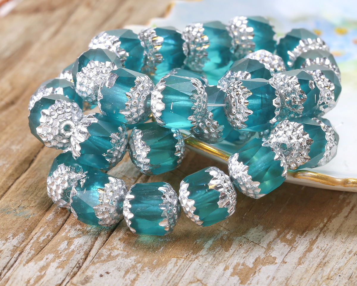 Czech Glass Teal w/ Silver Lantern 10mm