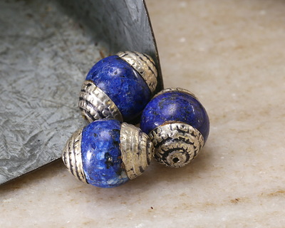 Nepalese Lapis & White Brass Bead 12-14x10mm