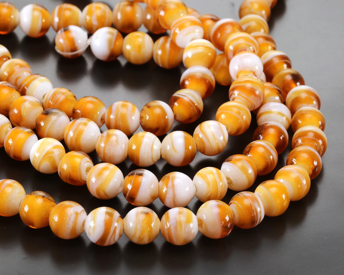 Butterscotch & White Swirl Lampwork Glass Round 10mm