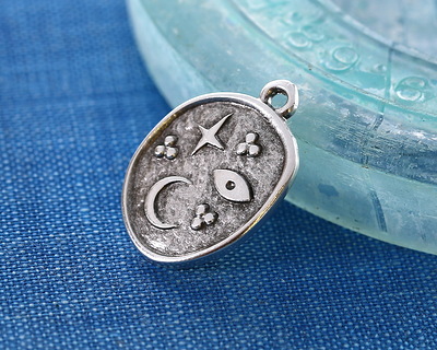Antique Silver (plated) Celestial Symbols Organic Oval Focal 14x19mm
