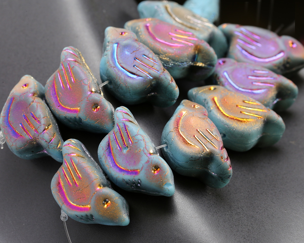 Czech Glass Matte Sky Blue Rainbow w/ Metallic Peacock Bird 11x22mm
