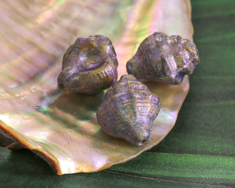 Czech Glass Bisque w/ Metallic Purple Wash Murex Shell 15x12mm