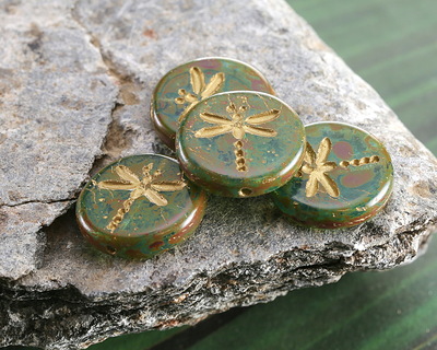 Czech Glass Aquamarine Picasso w/ Gold Dragonfly Coin 17mm