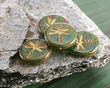 Czech Glass Aquamarine Picasso w/ Gold Dragonfly Coin 17mm
