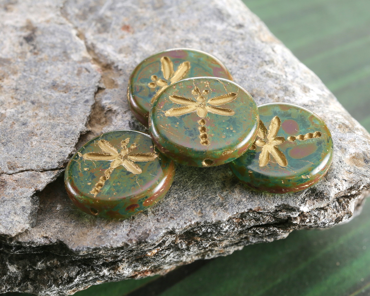 Czech Glass Aquamarine Picasso w/ Gold Dragonfly Coin 17mm