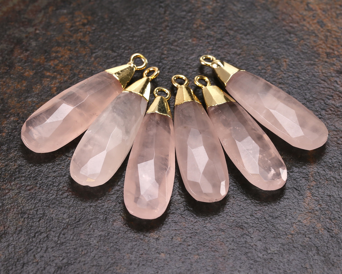 Rose Quartz Faceted Puff Teardrop Focal w/ Gold Finish 9x28mm
