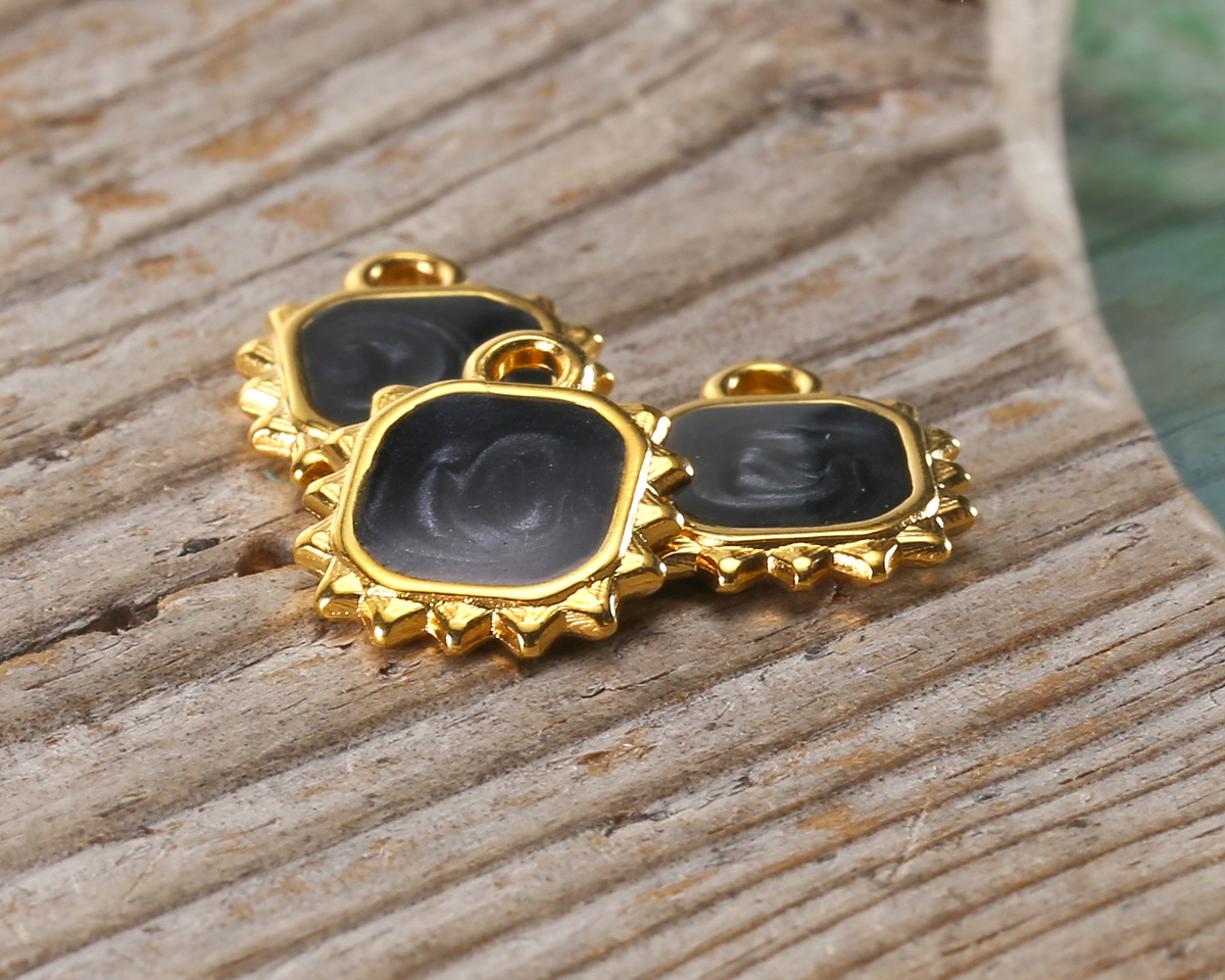24K Gold (plated) Jet Pearl Enamel Square Sun Focal 10.5x12.5mm