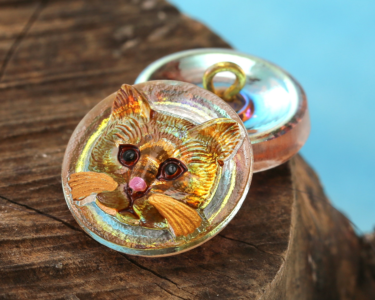 Czech Glass Crystal AB w/ Hand Painted Orange Cat Face Button 18mm