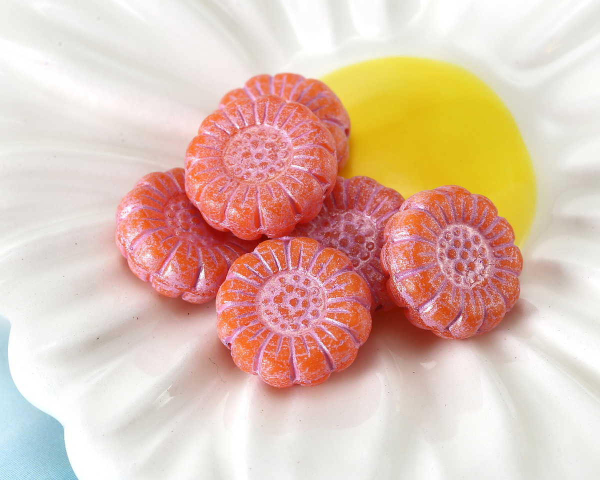 Czech Glass Pumpkin w/ Pink Wash Sunflower 13mm